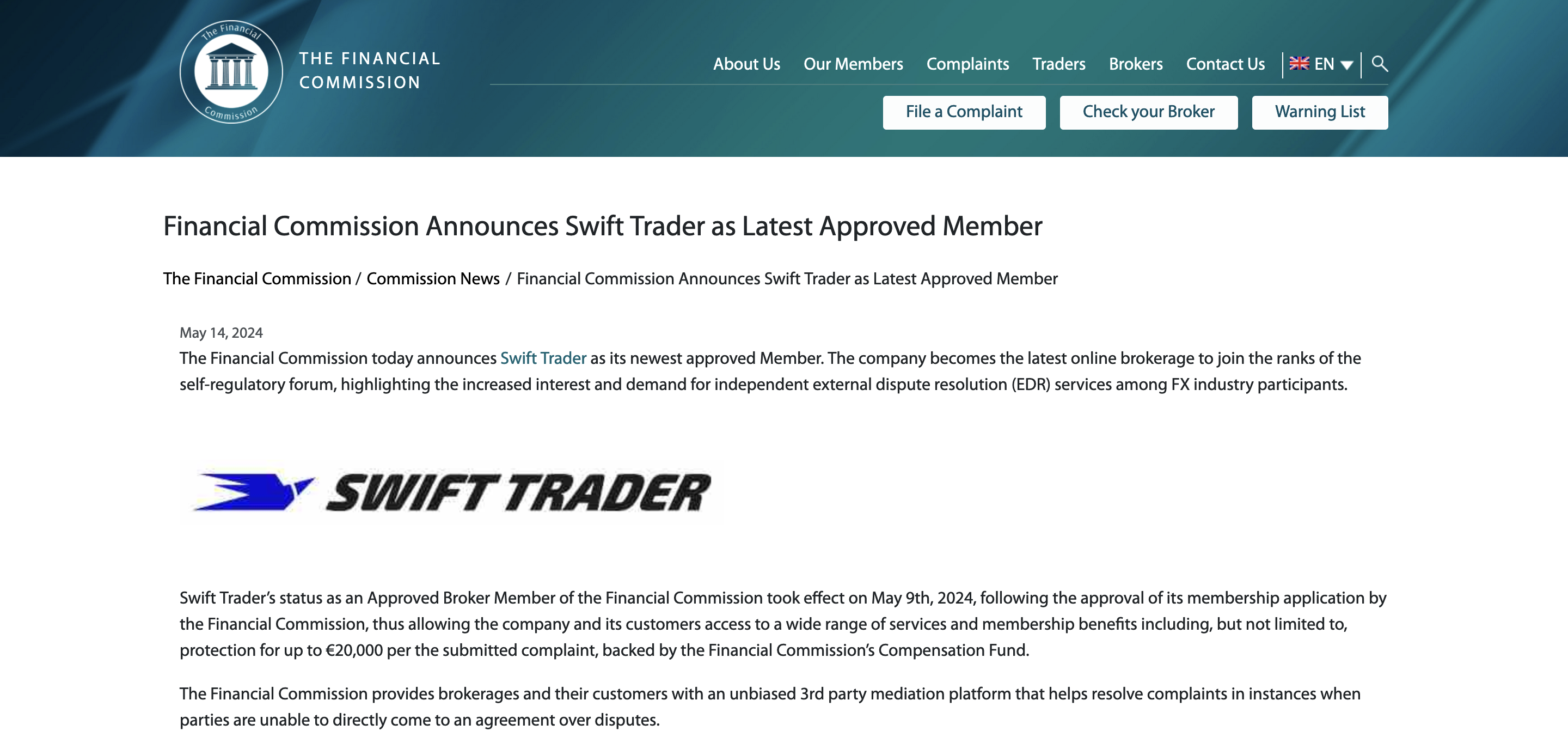 Swift TraderがThe Financial Commissionの承認メンバーになりました。